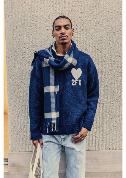 Erkek Desenli Oversize Triko Kazak Lacivert