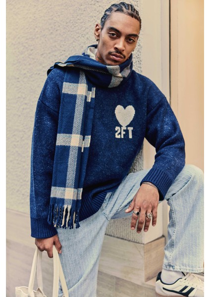 Erkek Desenli Oversize Triko Kazak Lacivert fiyatları