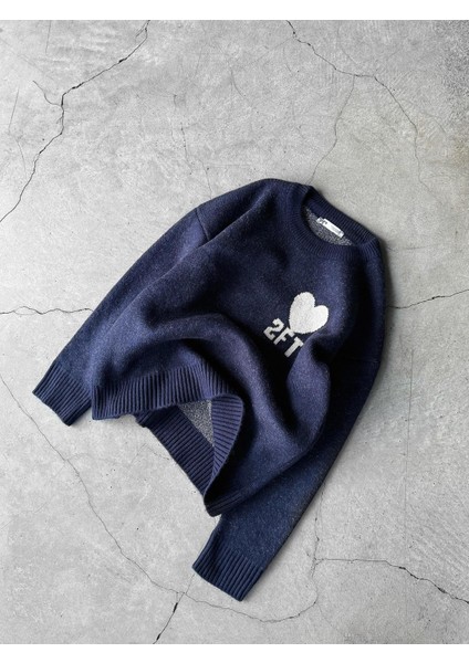 Erkek Desenli Oversize Triko Kazak Lacivert