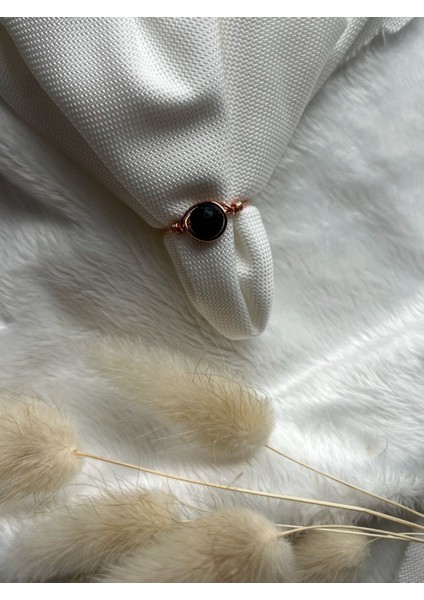 Siyah Lav Taşı Ayarlanabilir Bakır Renk Tel Yüzük El Yapımı