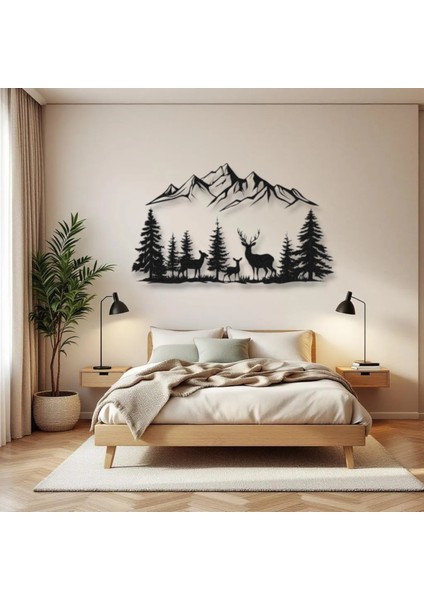 Dağ Manzaralı Geyik Metal Duvar Dekoru – Doğa Temalı Modern Ev Dekorasyonu