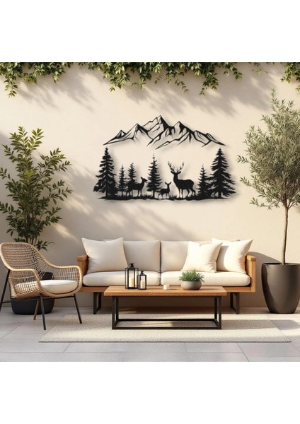 Dağ Manzaralı Geyik Metal Duvar Dekoru – Doğa Temalı Modern Ev Dekorasyonu