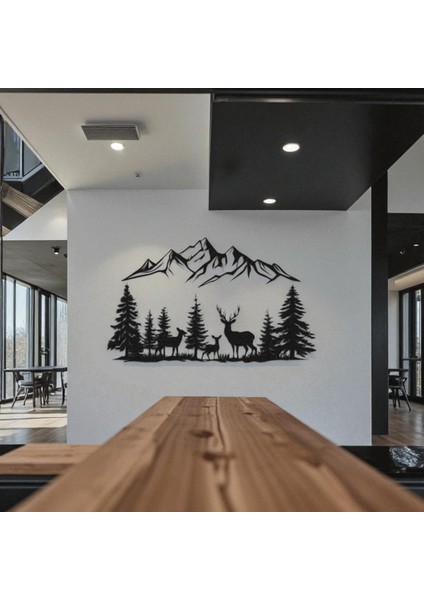 Dağ Manzaralı Geyik Metal Duvar Dekoru – Doğa Temalı Modern Ev Dekorasyonu
