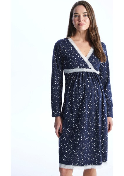 Yeni Sezon Kruvaze Yaka Desenli Uzun Kollu Hamile Gecelik modelleri