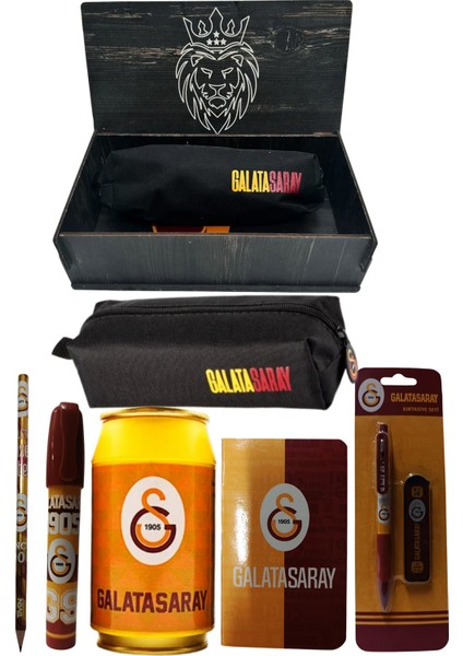 Galatasaray Orjinal Lisanslı Sarı Kutu Kalemtraş Ahşap Kutulu 6'lı Kırtasiye Seti
