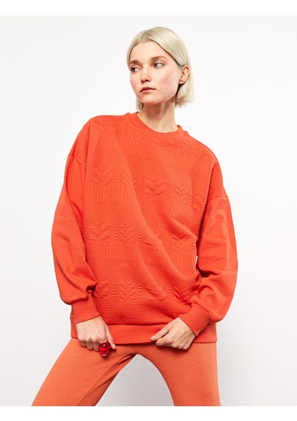 Yeni Sezon Bisiklet Yaka Kendinden Desenli Uzun Kollu Kadın Sweatshirt