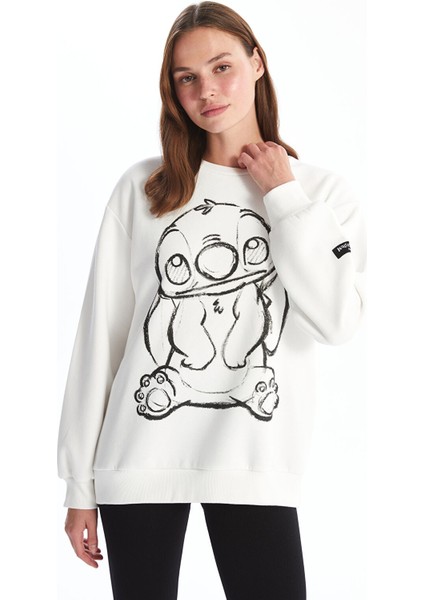 Yeni Sezon Bisiklet Yaka Lilo & Stitch Baskılı Kadın Kalın Sweatshirt