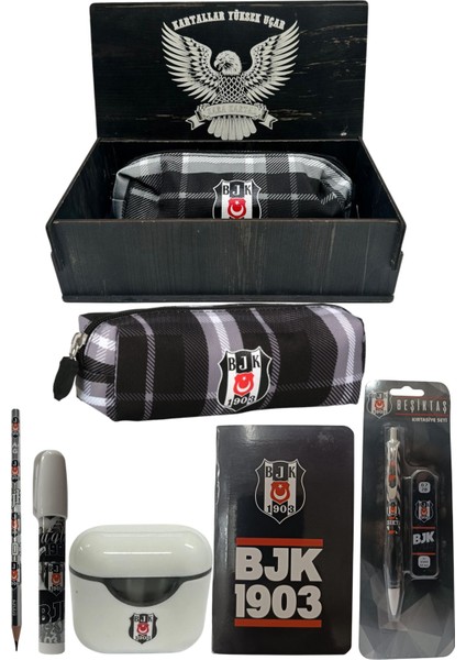 Beşiktaş Orjinal Lisanslı Beyaz Air Kalemtraş Ahşap Kutulu 6'lı Kırtasiye Seti