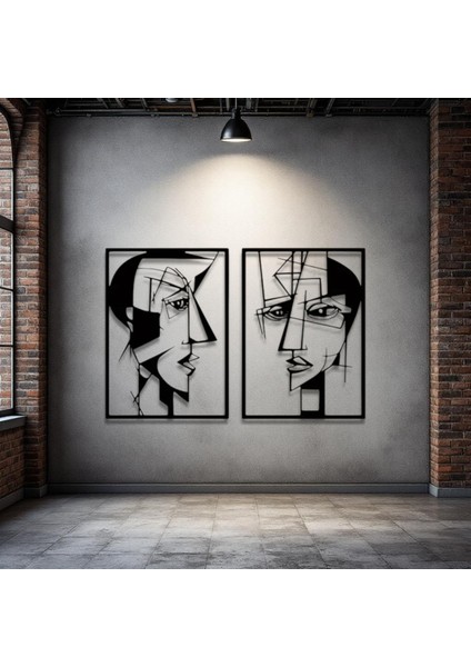 Metal Yüz Figürü Duvar Dekoru 2’li Set – Modern Soyut Sanat Ev Aksesuarı