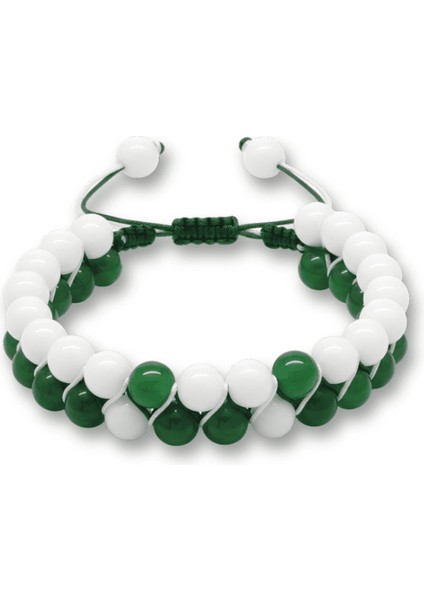 Çift Sıra Makrome Örgülü Küre Kesim Yeşil Beyaz Jade Doğaltaş Erkek Taraftar Bileklik