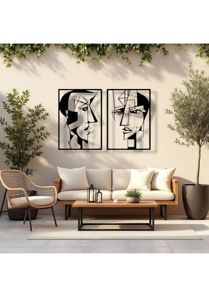 Metal Yüz Figürü Duvar Dekoru 2’li Set – Modern Soyut Sanat Ev Aksesuarı