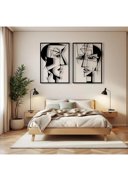 Metal Yüz Figürü Duvar Dekoru 2’li Set – Modern Soyut Sanat Ev Aksesuarı