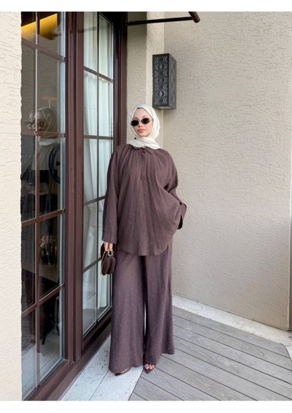 Kadın Taş Baskı Gömlek ve Pantolon Takım M41411 - Kahverengi