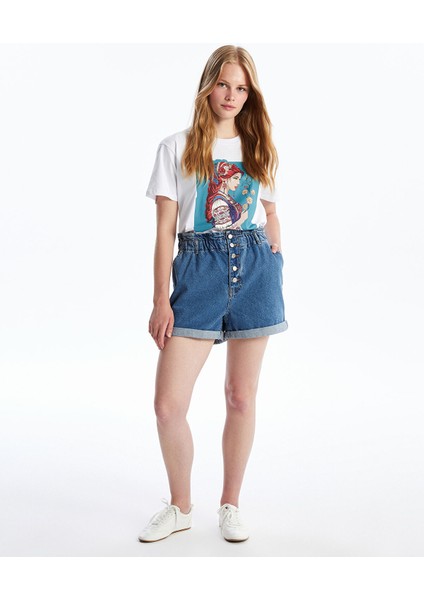 Yeni Sezon Kadın Beli Lastikli Düz Jean Şort