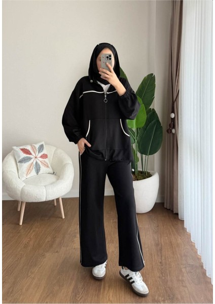 Kadın Biye ve Kapüşonlu Fermuar Detaylı Tesettür Eşofman Takım M251077 - Siyah