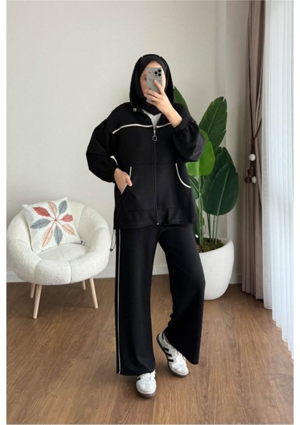 Kadın Biye ve Kapüşonlu Fermuar Detaylı Tesettür Eşofman Takım M251077 - Siyah fiyatları