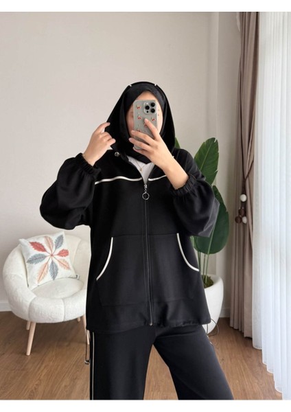 Kadın Biye ve Kapüşonlu Fermuar Detaylı Tesettür Eşofman Takım M251077 - Siyah modelleri