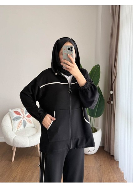Kadın Biye ve Kapüşonlu Fermuar Detaylı Tesettür Eşofman Takım M251077 - Siyah fırsatları
