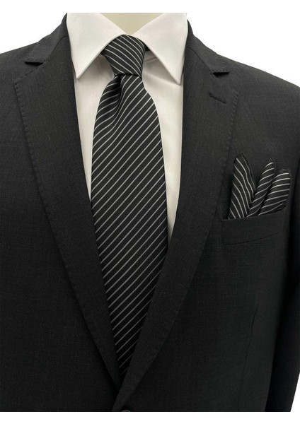 7.5 cm Siyah Gri Çizgili Kravat Mendil Set