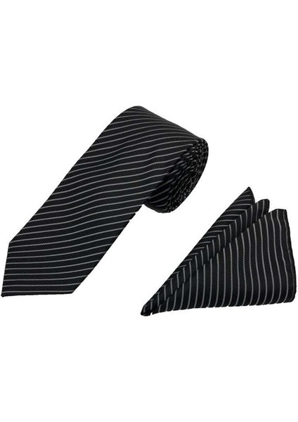 7.5 cm Siyah Gri Çizgili Kravat Mendil Set fiyatları