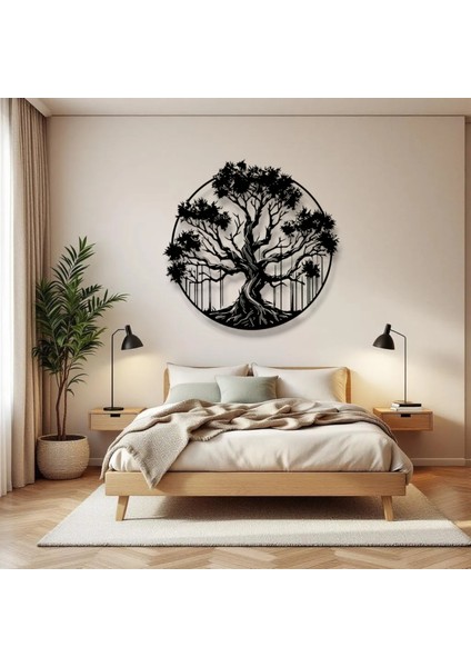 Hayat Ağacı Metal Duvar Dekoru – Yuvarlak Doğa Temalı Modern Ev Ofis Sanat Tablosu