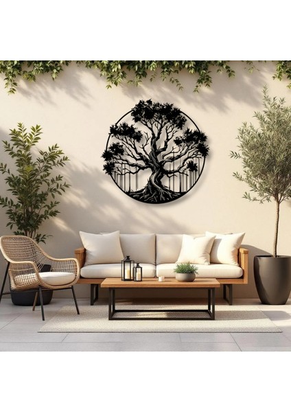 Hayat Ağacı Metal Duvar Dekoru – Yuvarlak Doğa Temalı Modern Ev Ofis Sanat Tablosu