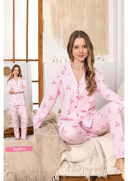 Kadın Fiyonk Desen Düğmeli Saphire Pijama Takımı 0376 Pembe modelleri