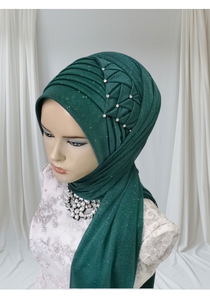 Zümrüt Yeşili Zehra Model Taş Detaylı Hazır Türban Hazır Şal Abiye Şal