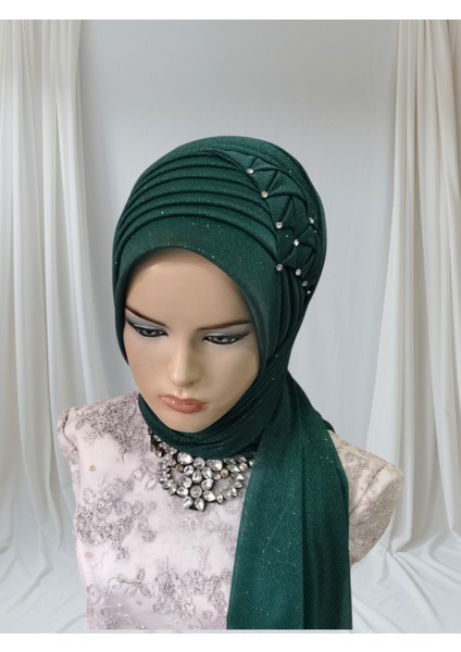 Zümrüt Yeşili Zehra Model Taş Detaylı Hazır Türban Hazır Şal Abiye Şal fiyatları