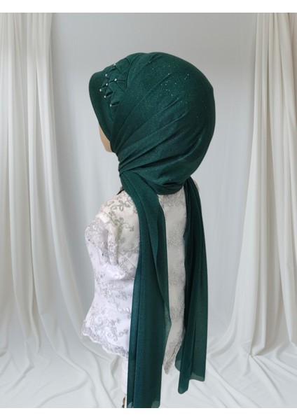 Zümrüt Yeşili Zehra Model Taş Detaylı Hazır Türban Hazır Şal Abiye Şal modelleri