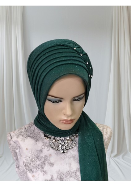Zümrüt Yeşili Zehra Model Taş Detaylı Hazır Türban Hazır Şal Abiye Şal fırsatları