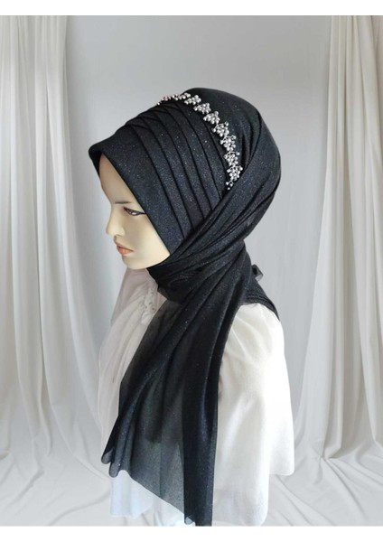 Simli Siyah: Aksesuarlı.hazır Türban Hazır Şal Hazır Duvak