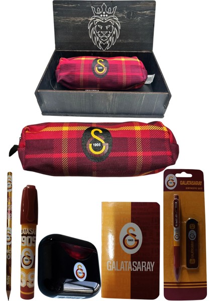Galatasaray Orjinal Lisanslı Siyah Air Kalemtraş Ahşap Kutulu 6'lı Kırtasiye Seti