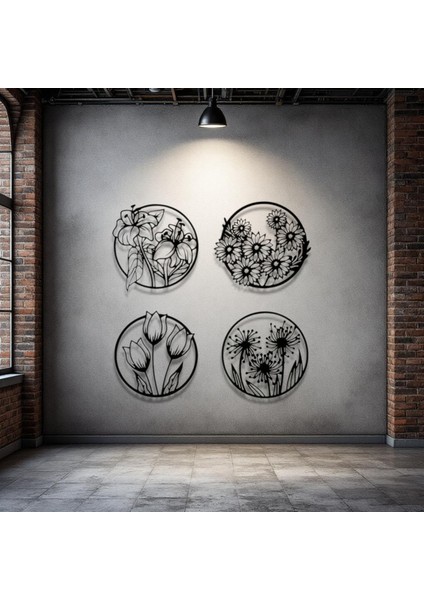 Metal Çiçek Duvar Dekoru Seti – 4 Parça Modern Minimalist Metal Tablo Salon Antre Ofis Dekorasyon