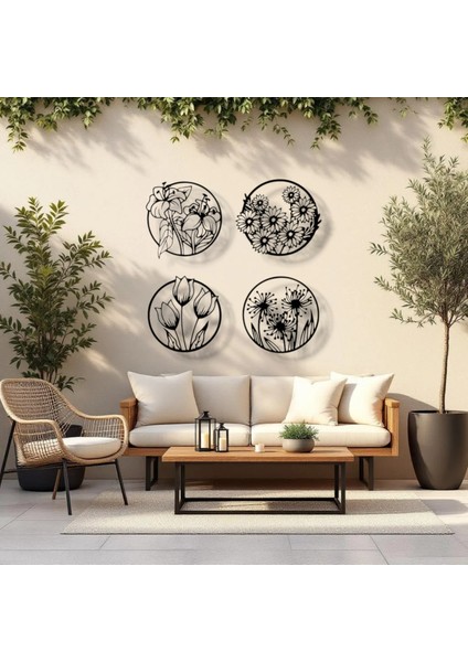 Metal Çiçek Duvar Dekoru Seti – 4 Parça Modern Minimalist Metal Tablo Salon Antre Ofis Dekorasyon modelleri
