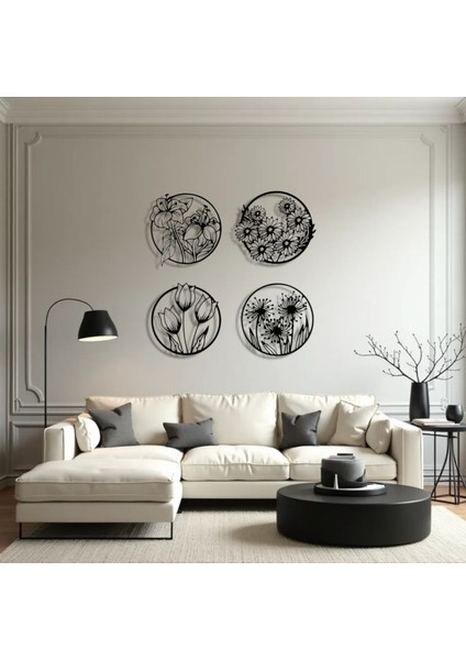 Metal Çiçek Duvar Dekoru Seti – 4 Parça Modern Minimalist Metal Tablo Salon Antre Ofis Dekorasyon