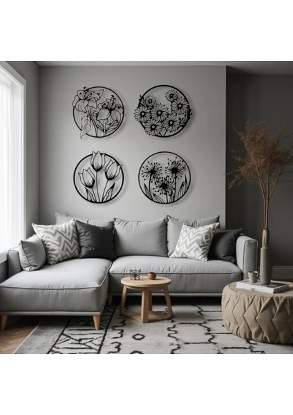 Metal Çiçek Duvar Dekoru Seti – 4 Parça Modern Minimalist Metal Tablo Salon Antre Ofis Dekorasyon