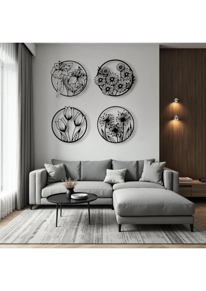 Metal Çiçek Duvar Dekoru Seti – 4 Parça Modern Minimalist Metal Tablo Salon Antre Ofis Dekorasyon