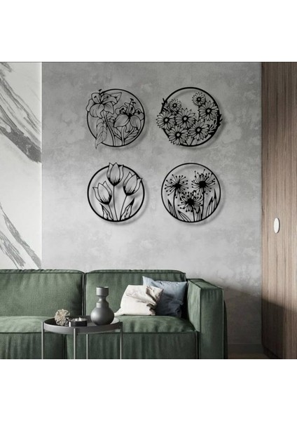 Metal Çiçek Duvar Dekoru Seti – 4 Parça Modern Minimalist Metal Tablo Salon Antre Ofis Dekorasyon