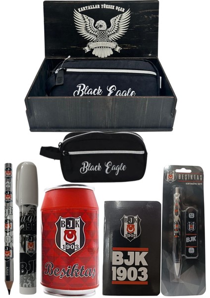 Beşiktaş Orjinal Lisanslı Kırmızı Kutu Kalemtraş Ahşap Kutulu 6'lı Kırtasiye Seti