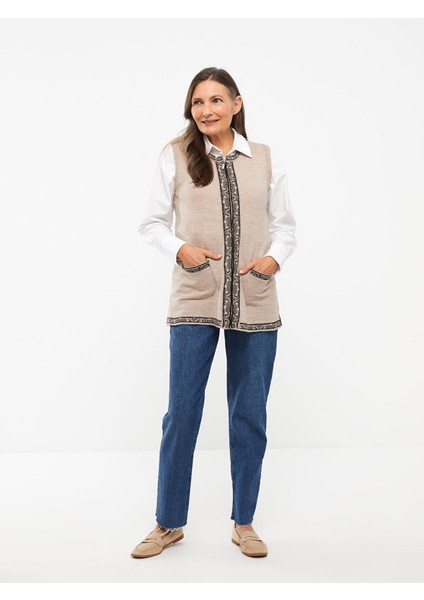 Yeni Sezon Bisiklet Yaka Desenli Kadın Triko Yelek modelleri