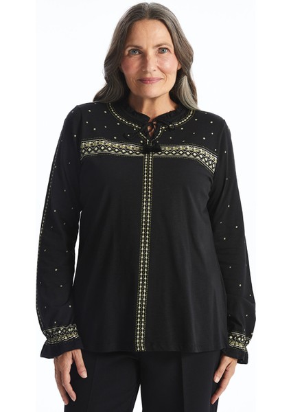 Yeni Sezon Bağlamalı Yaka Desenli Kadın Bluz