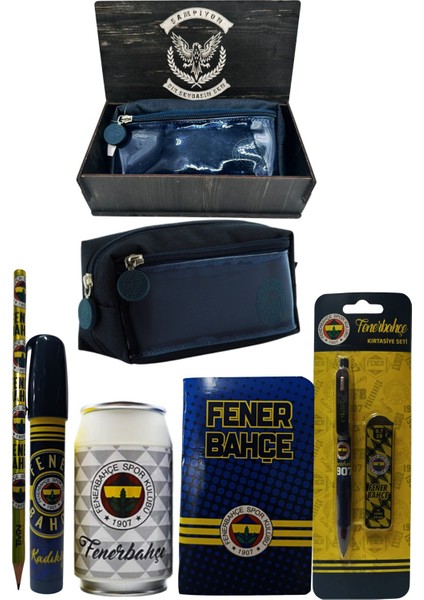 Fenerbahçe Orjinal Lisanslı Beyaz Kutu Kalemtraş Ahşap Kutulu 6'lı Kırtasiye Seti