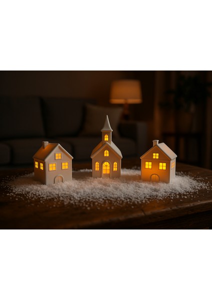 Yılbaşı Konsept LED Işıklı 3 Adet Ev Biblo Kış Manzaralı Tealight Ledli Kış Evleri LED Mumlar Hediye
