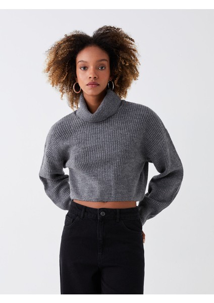 Yeni Sezon Balıkçı Yaka Düz Uzun Kollu Crop Kadın Triko Kazak
