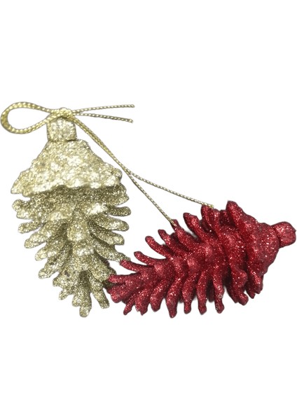 Yılbaşı Çam Ağacı Süsü 2 Adet Kırmızı ve Gold Kozalak Lüks Simli Yılbaşı Süsü 10CM