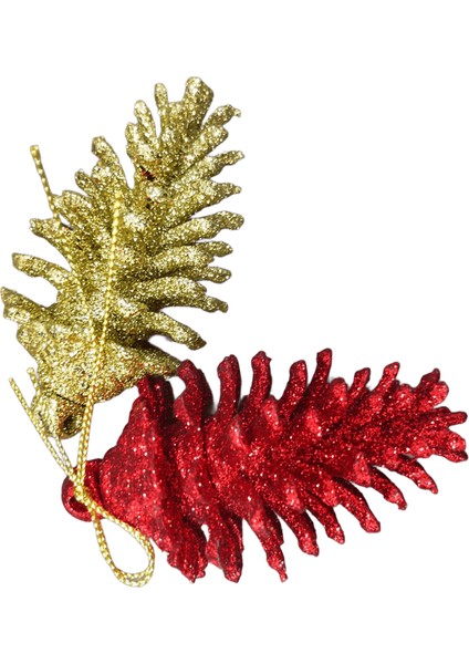 Yılbaşı Çam Ağacı Süsü 2 Adet Kırmızı ve Gold Kozalak Lüks Simli Yılbaşı Süsü 10CM indirimleri
