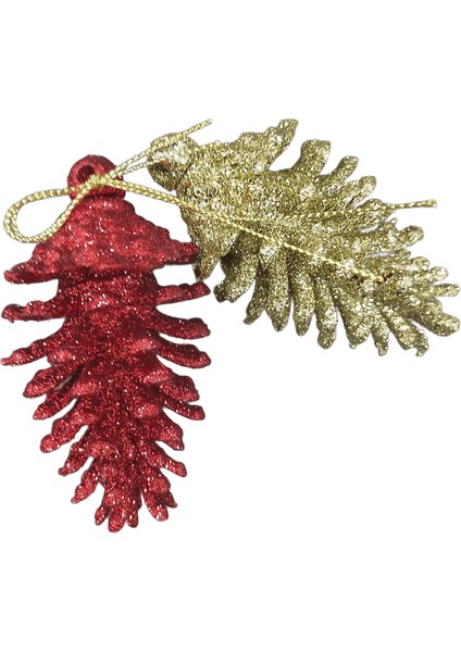 Yılbaşı Çam Ağacı Süsü 2 Adet Kırmızı ve Gold Kozalak Lüks Simli Yılbaşı Süsü 10CM