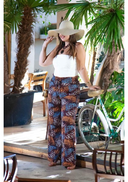 Kadın Büyük Beden Desenli Kahverengi Pantolon