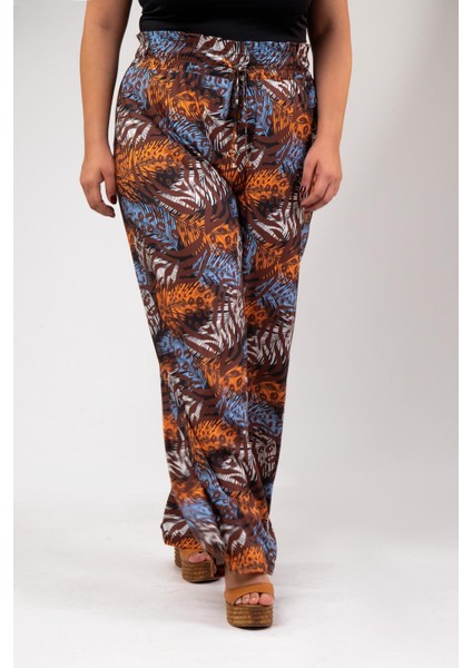 Kadın Büyük Beden Desenli Kahverengi Pantolon
